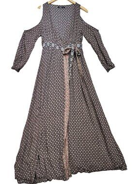 Lunik Womens Festival Cold Shoulder Maxi Dress Tie Waist M Blue Beige Printed